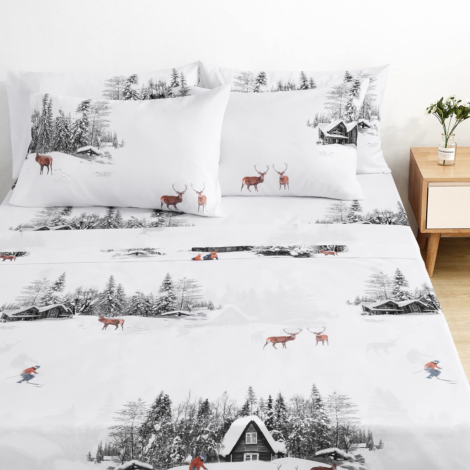 Bysure Cabin Printed Christmas Pattern Bed Sheets 6 Pieces Set (King Size, Winter Cabin), Microfiber 15 Inch Deep Pocket Bedding