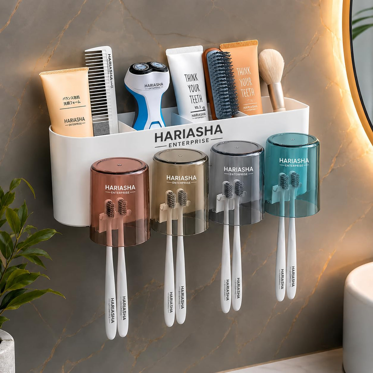 HARIASHA ENTERPRISE Wall Mounted Toothbrush Holder with 4 Cups, Dustproof Cover, Plastic Bathroom Organiser, Toothpaste Storage 