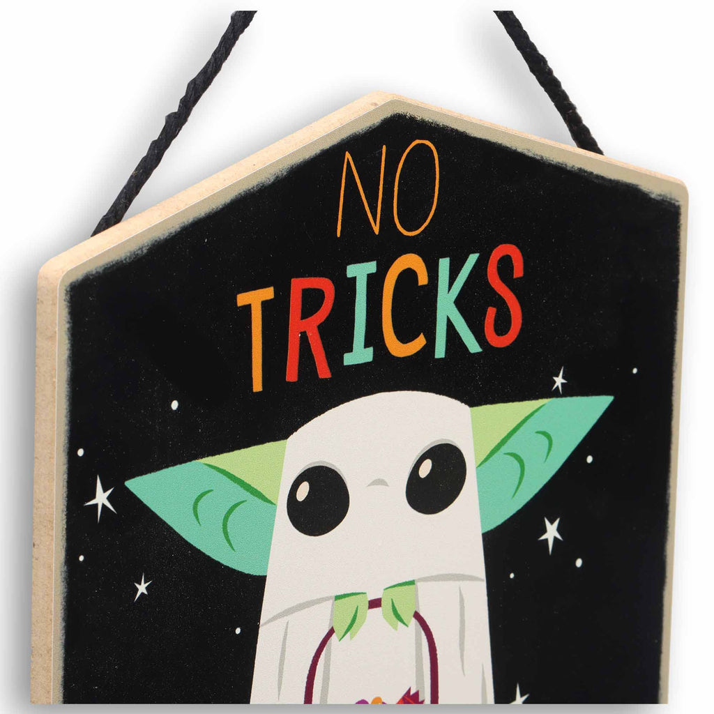 Open Road Brands Disney Star Wars Baby Yoda No Tricks All Treats Halloween Hanging Wood Wall Decor - Cute Baby Yoda Halloween Si