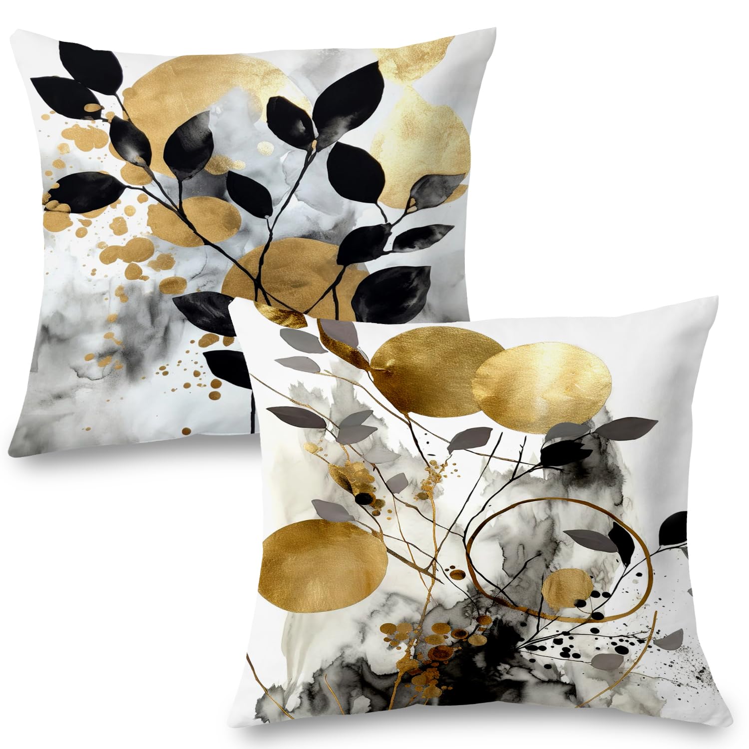 Supwhd Black And Gold Botanical Pillow Covers 22X22 Set Of 2, Abstract Modern Decorative Throw Pillow Covers For Living Room Bed