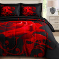 WONGS BEDDING Red Comforter Set King, Reversible Red Rose 7 Pieces Bed in a Bag, Lightweight Soft Microfiber Bedding Sets with C