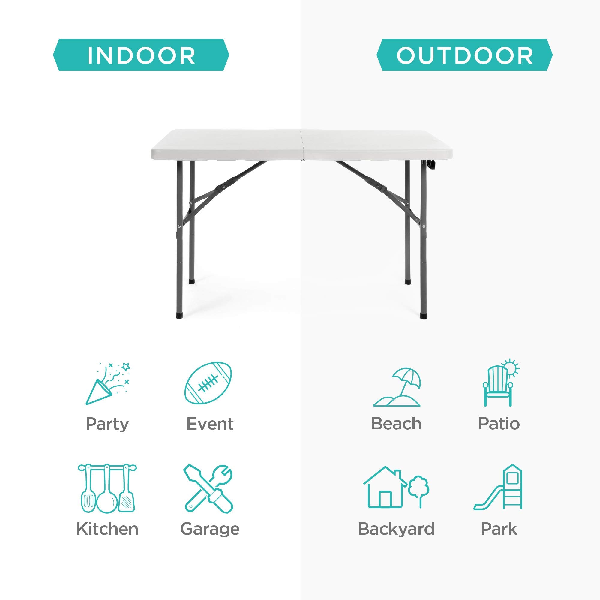 Best Choice Products 4Ft Plastic Folding Table, Indoor Outdoor Heavy Duty Portable W/Handle, Lock For Picnic, Party, Camping - White