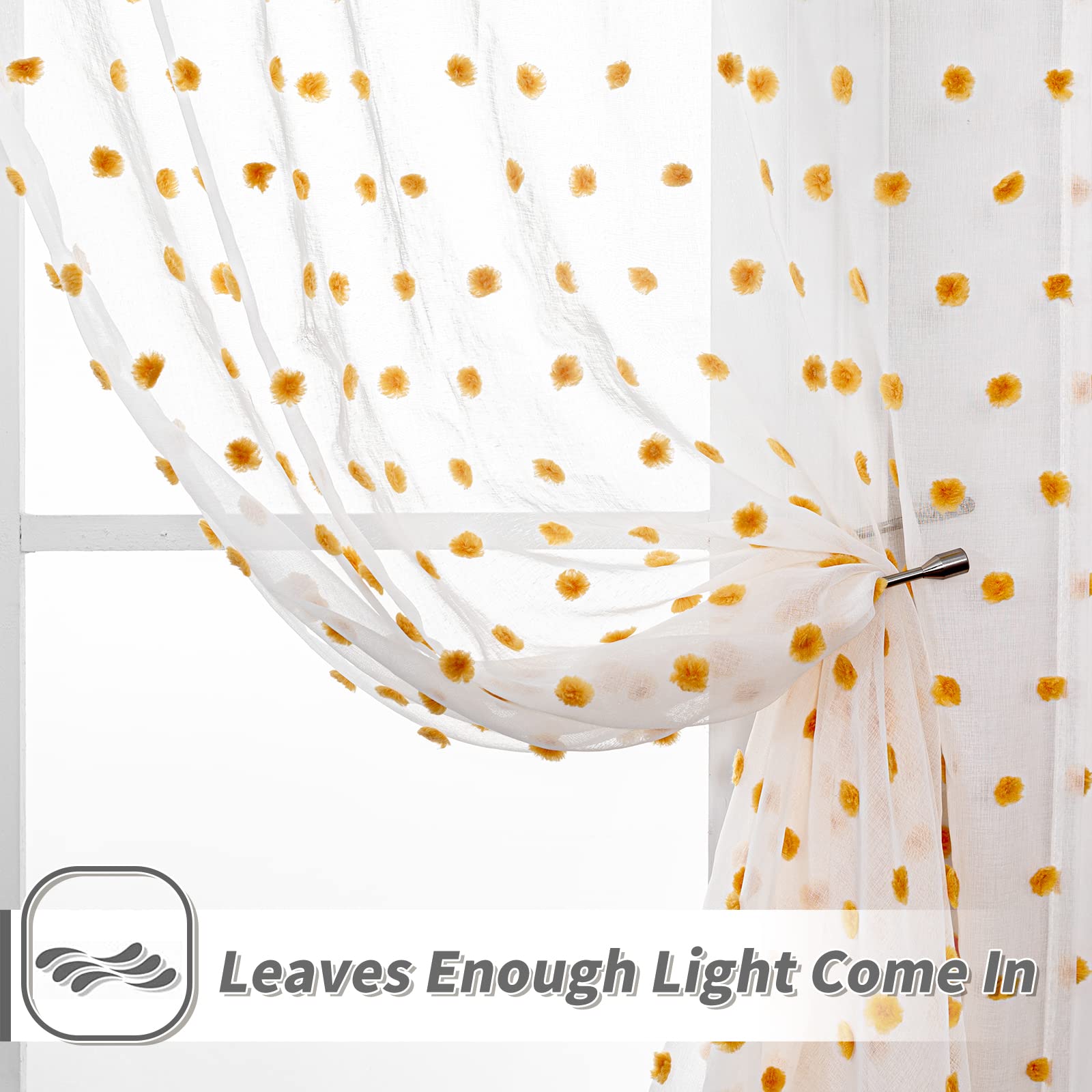 MYSKY HOME Sheer Curtains Pom Pom Burnt Orange Polyester 52" x 63" Set of 2