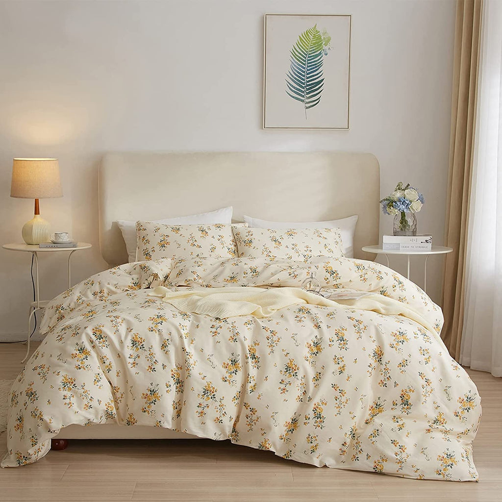 Lifetb Yellow Flower Duvet Cover Set Twin Girls Yellow Floral Duvet Cover Chic Garden Flower Bedding Sets Cotton Botanical Flora