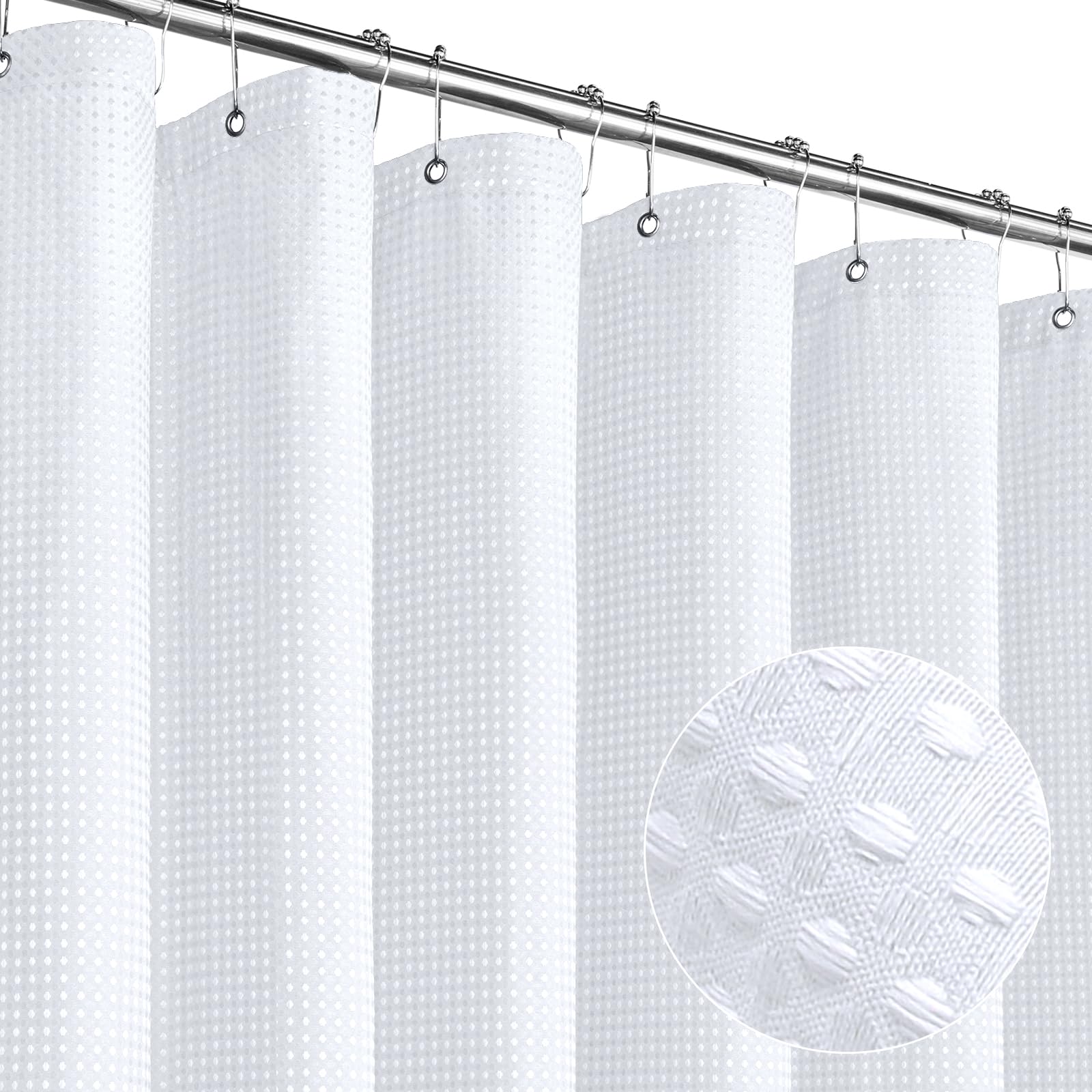 Mitovilla White Modern Waffle Shower Curtain, Heavyweight Fabric Shower Curtains For Hotel Neutral Bathroom Decor, Luxury Waffle