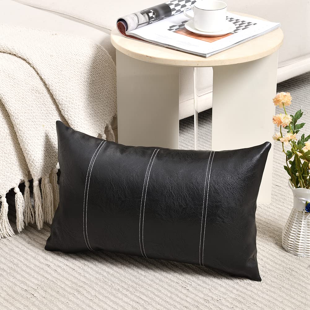 Fancy Homi 2 Packs Black Long Lumbar Faux Leather Decorative Throw Pillow Covers 12X24 Inch For Living Room Couch Bed Sofa, Boho