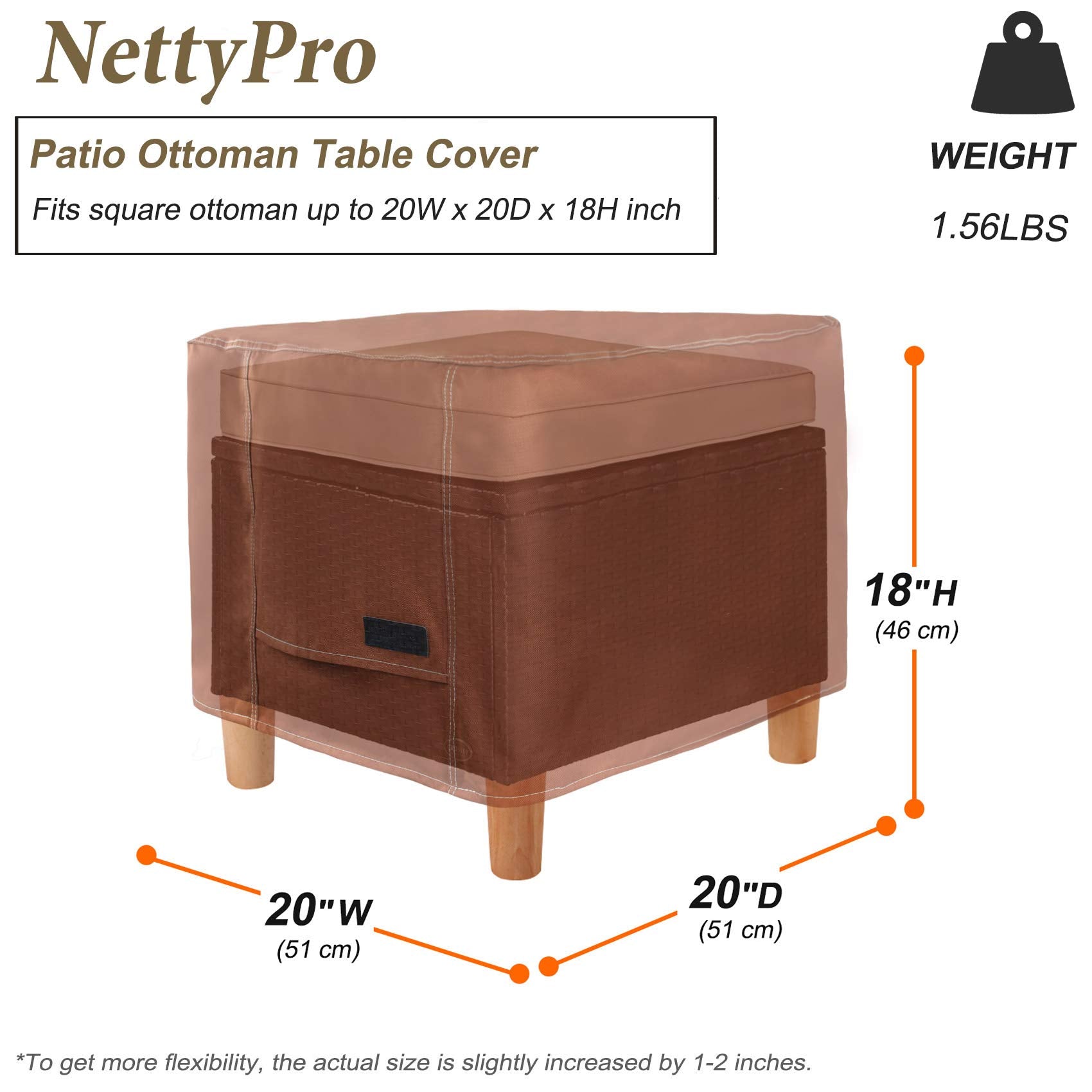 Nettypro Waterproof Ottoman Cover Square 20 X 20 Inch Outdoor Patio Furniture Ottoman Table Cover, Brown