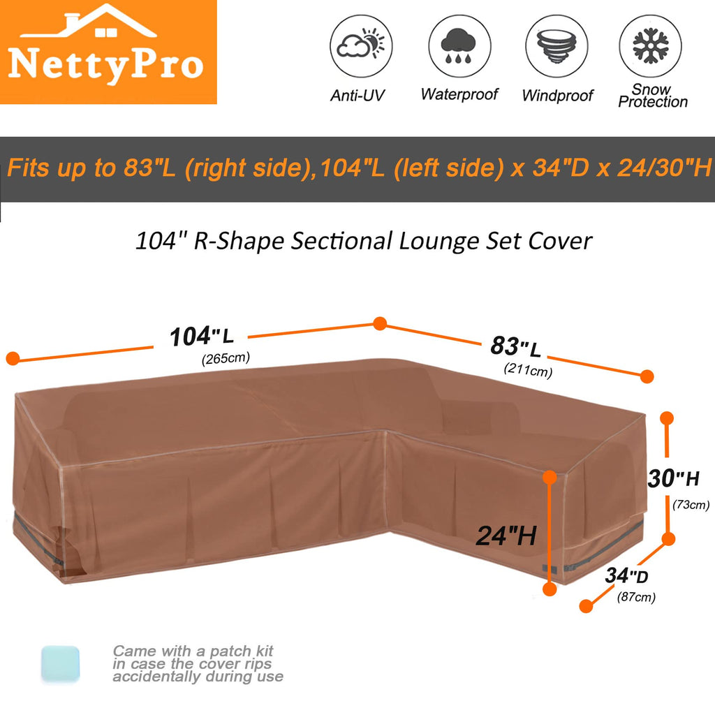 Nettypro Patio Sectional Cover 104' X 83', L-Shaped Waterproof 600D Heavy Duty Outdoor Furniture Sofa Lounge Set Cover, Right Facing, Brown