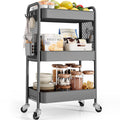 TOOLF Rolling Carts with Wheels, 3 Tier Rolling Utility Cart, Metal Storage Organizer with Pegboard Hooks Bins for Bathroom Kitc