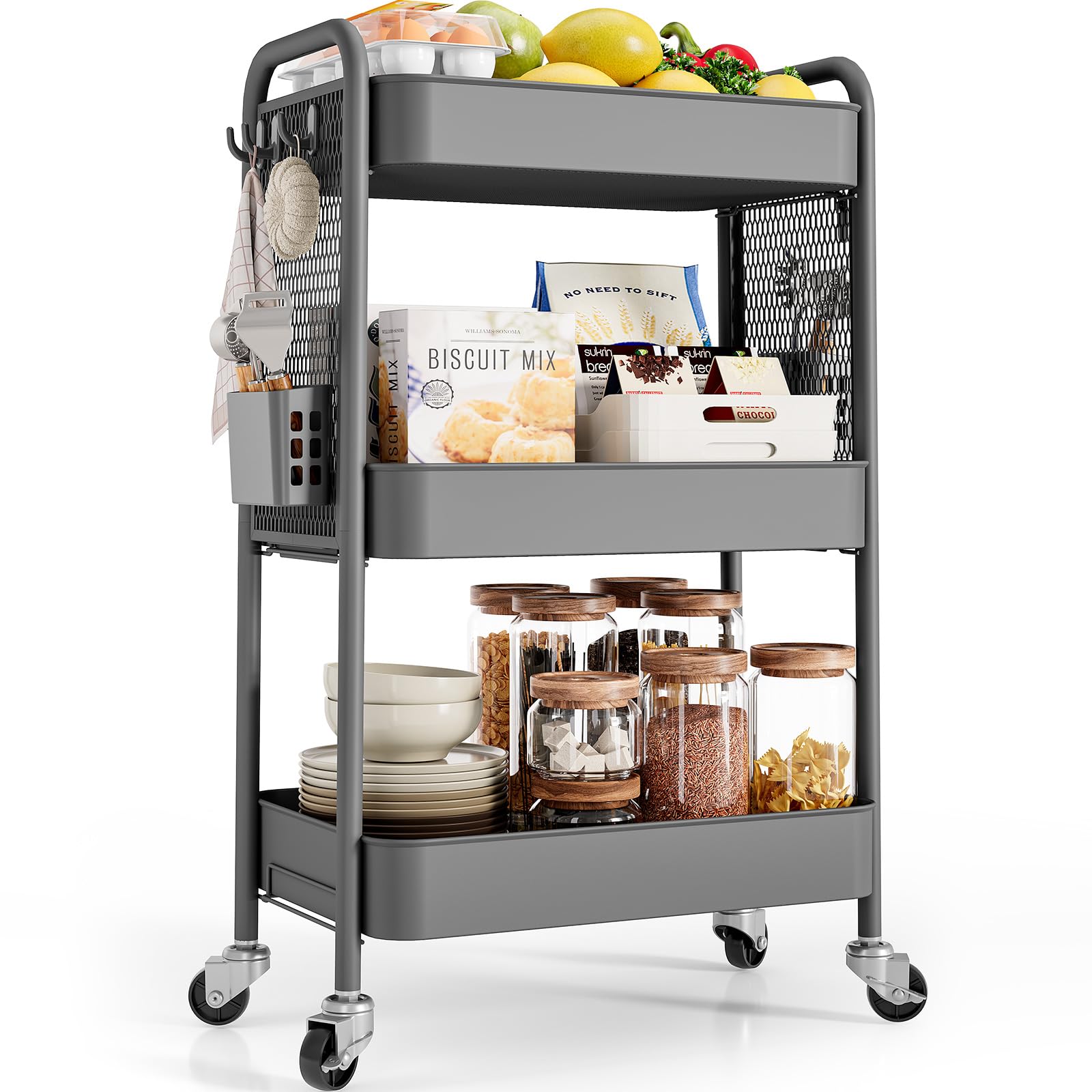 TOOLF Rolling Carts with Wheels, 3 Tier Rolling Utility Cart, Metal Storage Organizer with Pegboard Hooks Bins for Bathroom Kitc