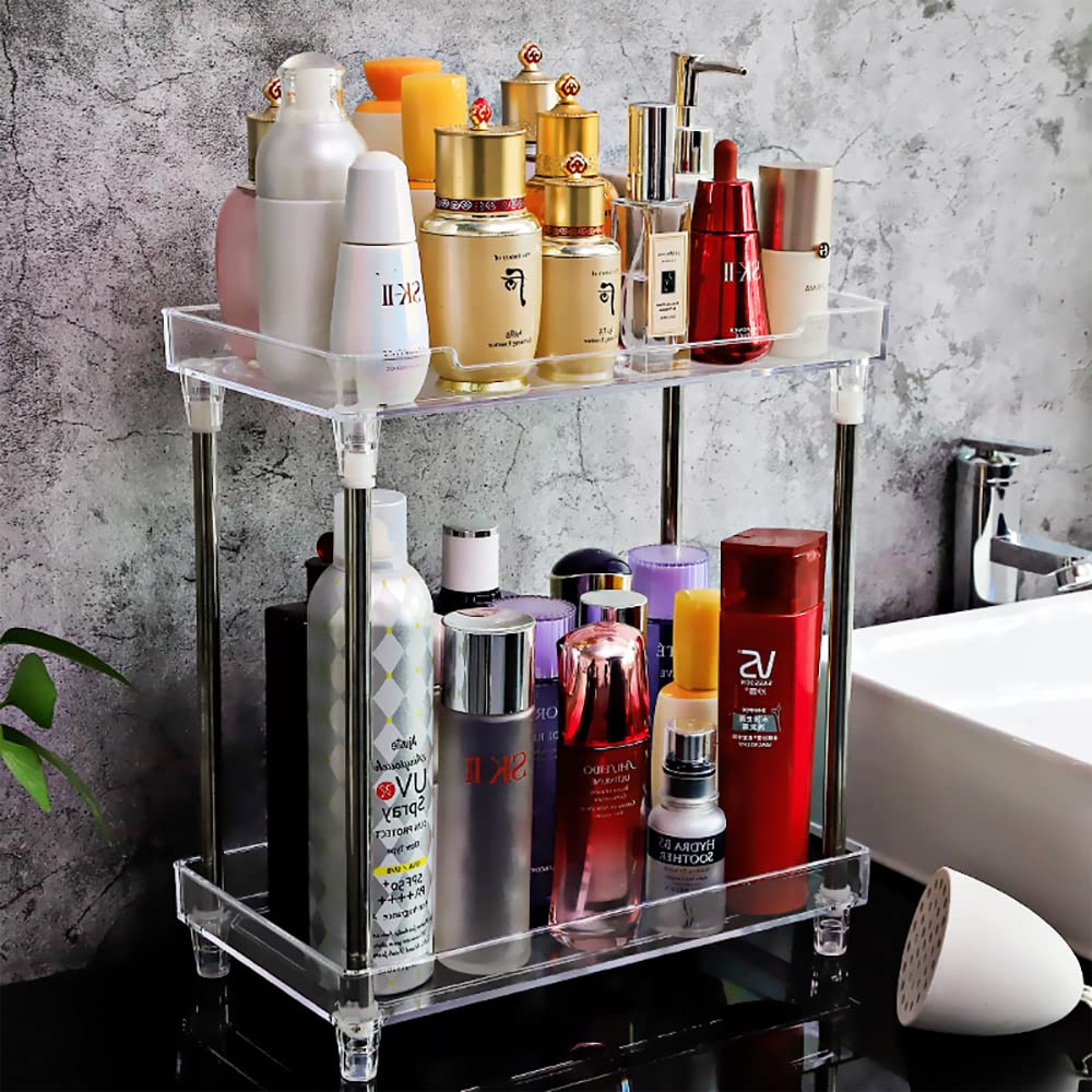 AfooBezos 2-Tier Storage Shelves, Multifunctionl Vanity Makeup Organizers, Clear Display Tray Caddy Stand for Bathroom Kitchen B