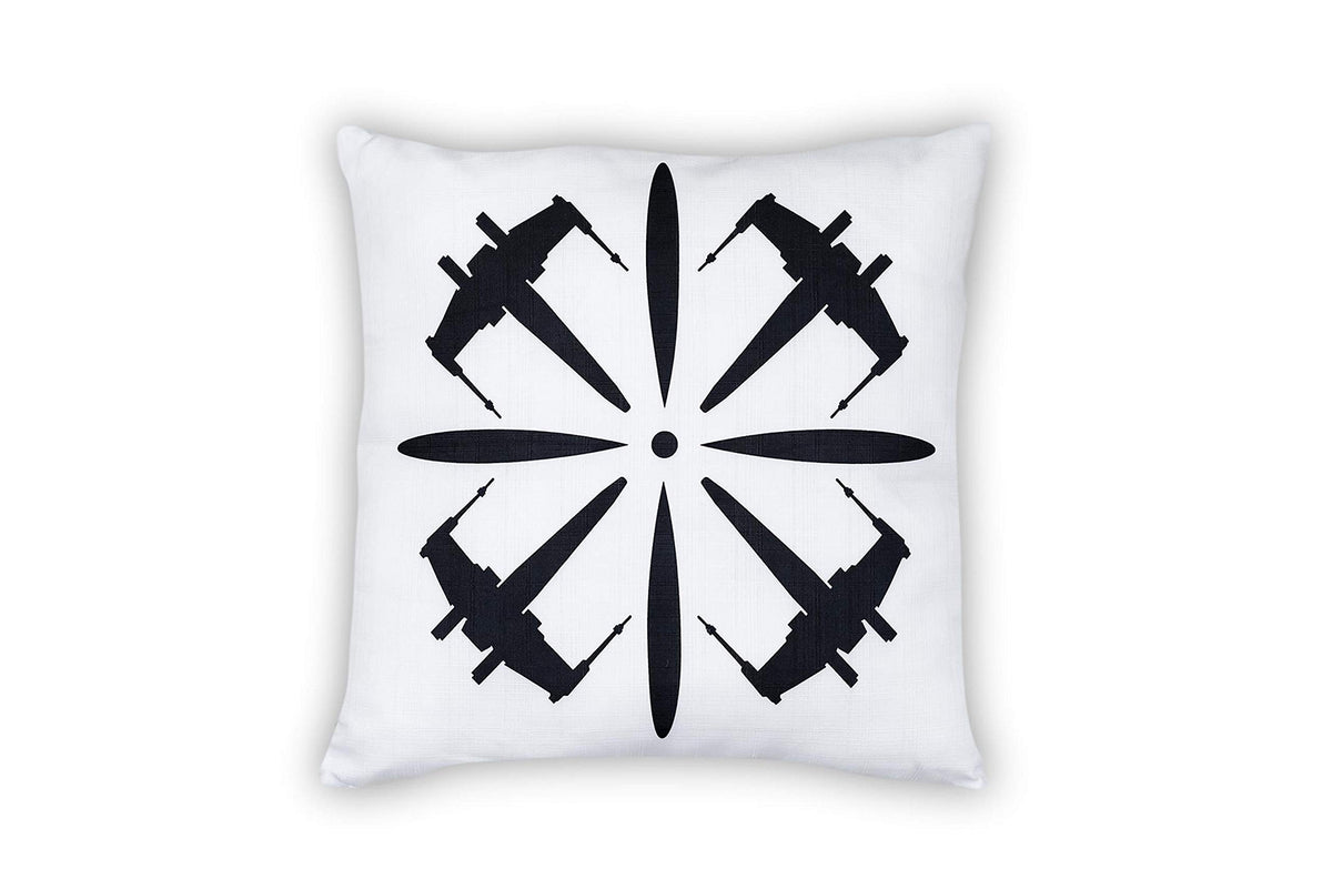Star Wars White Throw Pillow | Black X-Wing Fighter Cluster Design | Water & Fade Resistant Fabric For Indoor & Outdoor Use | 18