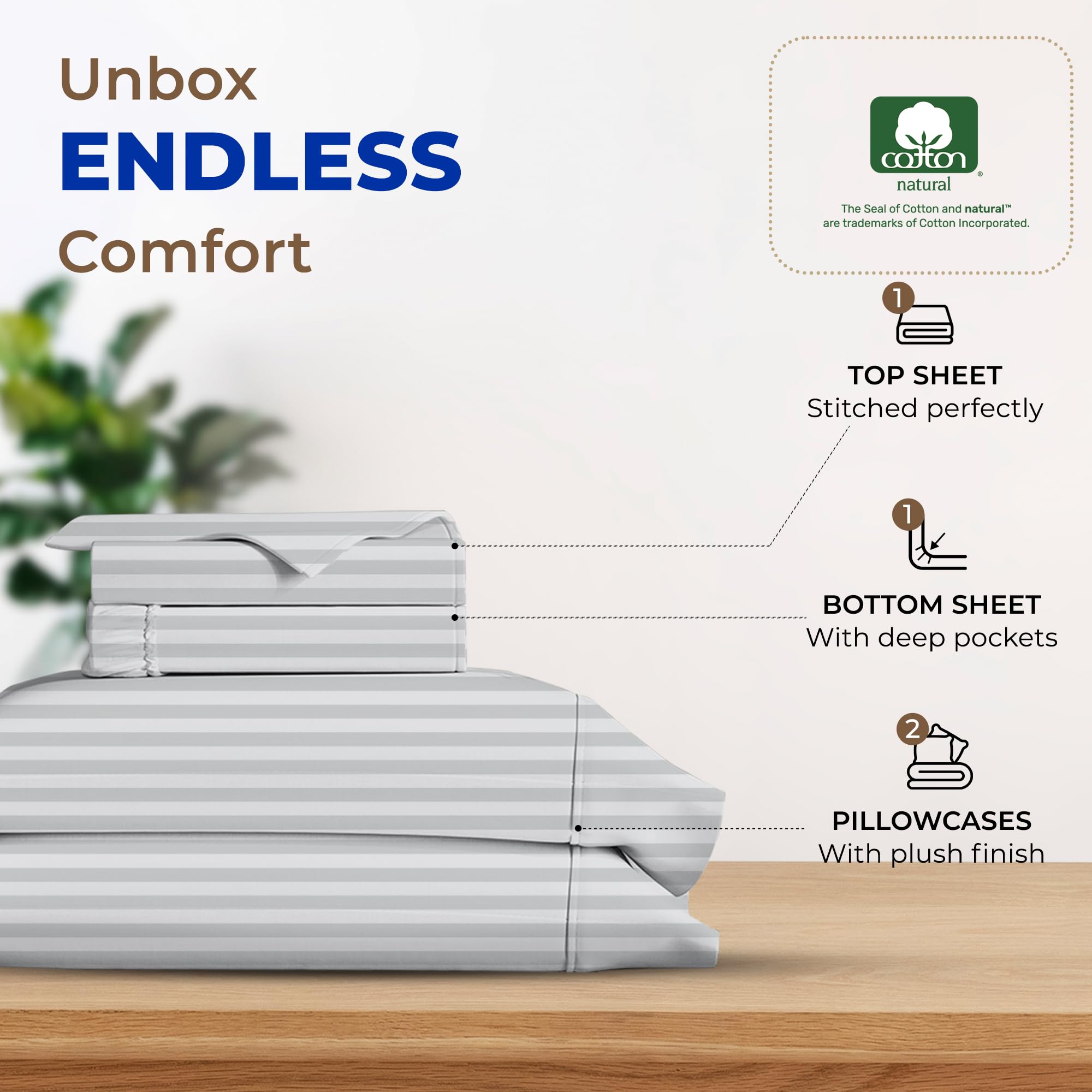 Thread Spread Luxury Egyptian Cotton Full Stripe Sheet Set, 600 Thread Count Extra Long Staple 4 Pc Set, Full Damask Sheets, Soft, Cooling Sateen Weave Striped Sheets Upto 18' Deep Pocket - Silver