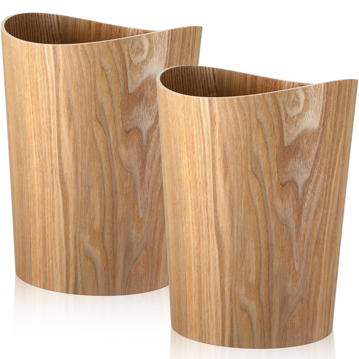 Threehoney 2 Pcs 2.3 Gallons Wood Trash Can Round, Light, Wavy