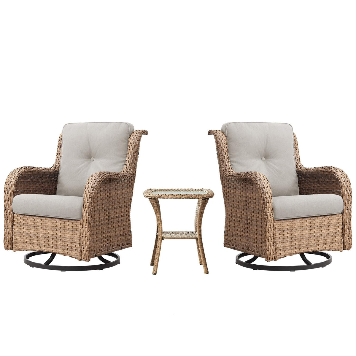 Belord Outdoor Swivel Rocker Patio Chairs - 360 Degree Swivel Glider Seating 350Lbs Weight Capacity 3 Piece Wicker Rocking Chairs Set With Side Table For Porch Balcony Deck, Yellow/Beige