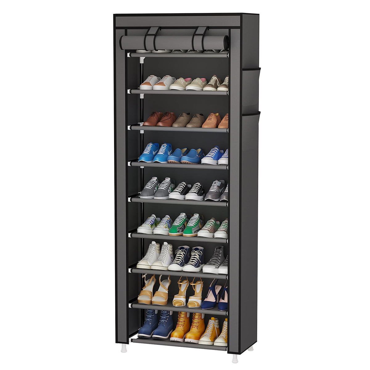 Calmootey 9 Tier Shoe Rack Organizer,Portable Shoe Shelf With Nonwoven Fabric Cover For Closet Hallway,Bedroom,Entryway,Grey