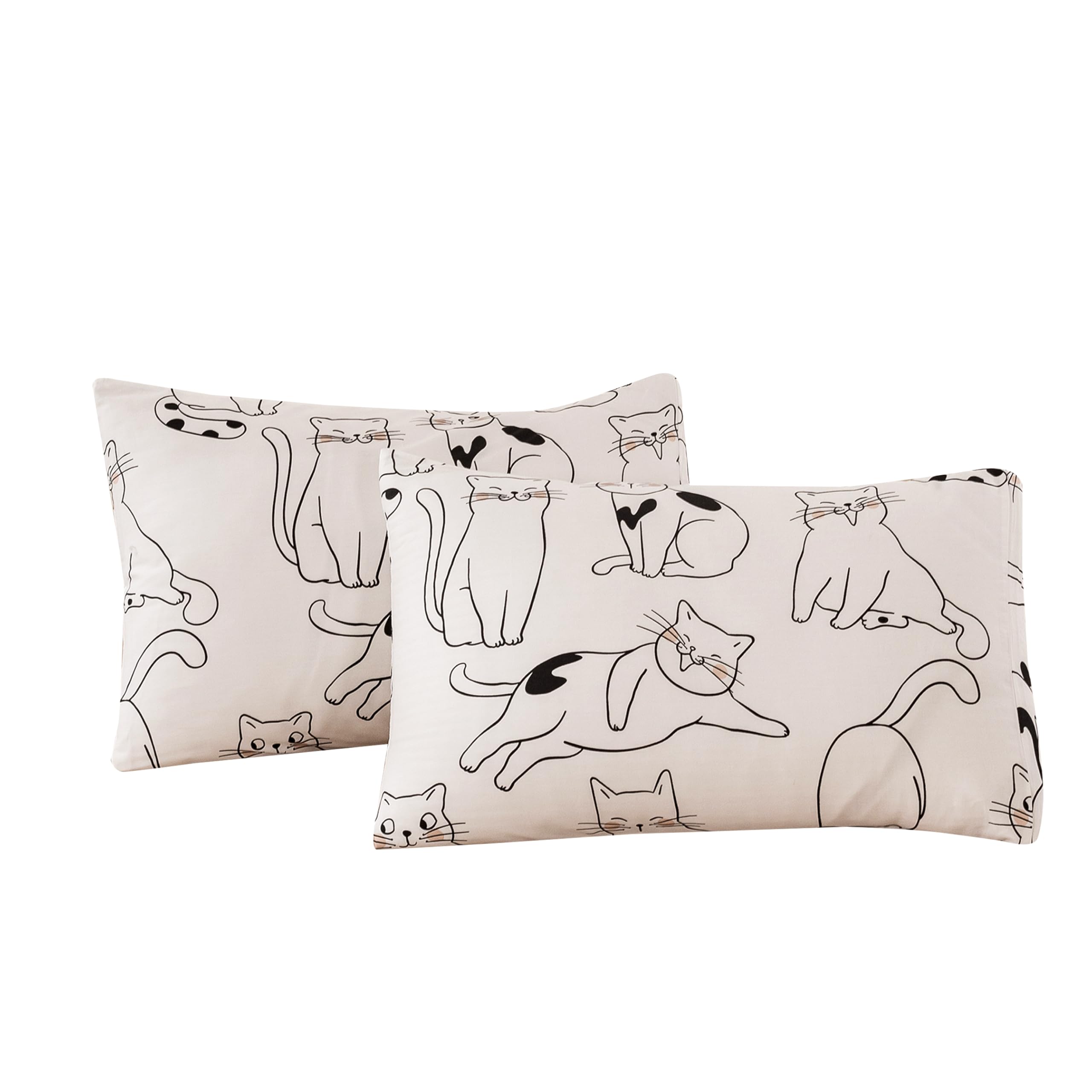 Ecocott 2 Pack Pillowcase King Size, Cartoon Cats Pattern Pillow Cases Set, 100% Cotton Pillow Covers With Envelope Closure (Kin