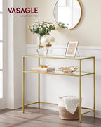 Vasagle 39.4 Inch Console Sofa Table, Modern Entryway Table, Tempered Glass Table, Metal Frame, 2 Shelves, Adjustable Feet, For Living Room, Hallway, Gold Color Ulgt025A01