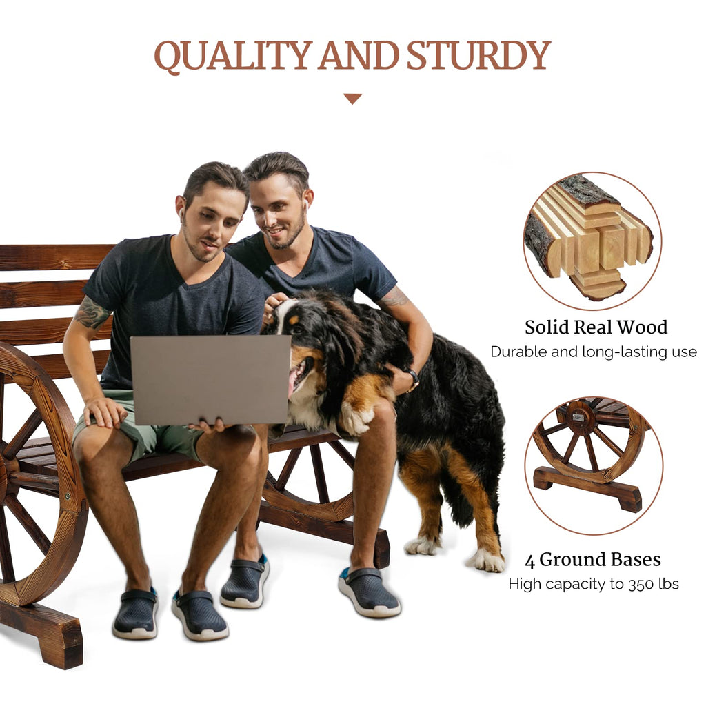 Vingli Rustic Wooden Wheel Bench, 41' 2-Person Wagon Slatted Seat, Outdoor Patio Furniture, 350Lbs High Capacity, Weather Resistance