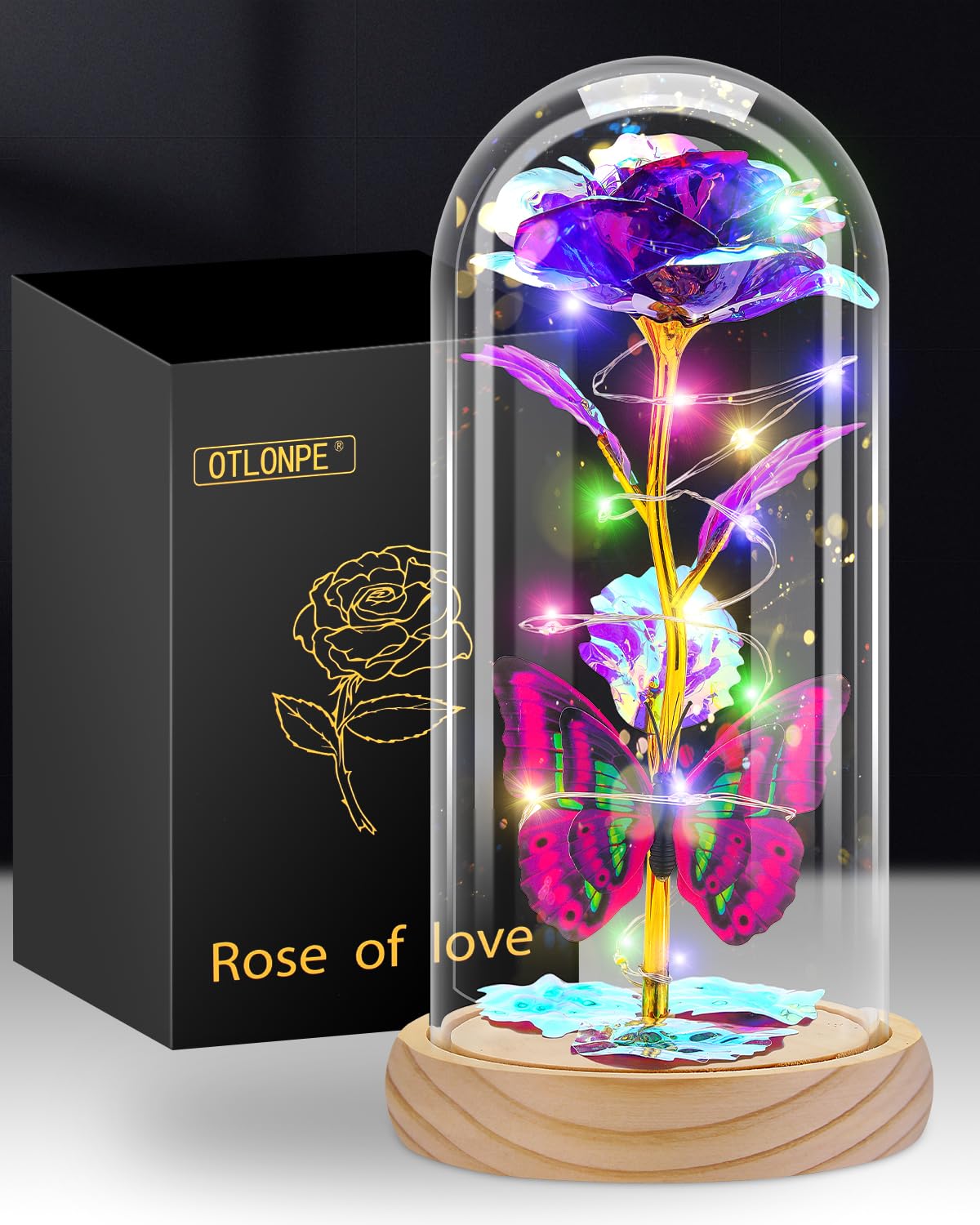 Otlonpe Glass Rose Flower Gifts for Women, Romantic Christmas Birthday Gifts for Women Mom Wife Girlfriend Grandma Sister, Wood 