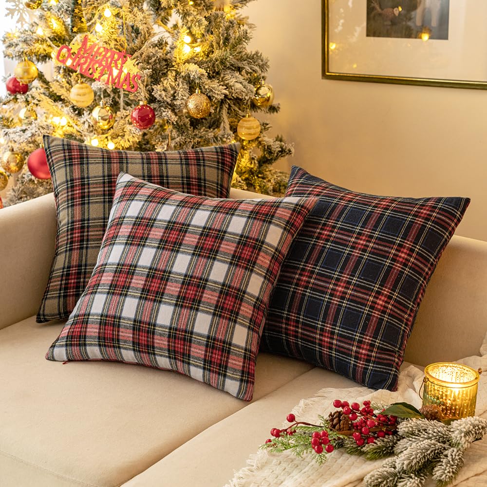 Miulee Christmas Set Of 2 Scottish Tartan Plaid Throw Pillow Covers Farmhouse Classic Decorative Cushion Cases For Home Decor Sofa Couch 12X20 Inch, Red And White