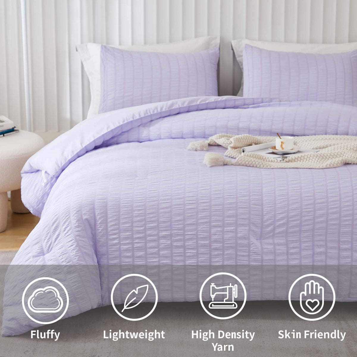 Avelom Lavender Purple Seersucker Comforter Set, California King, 104X96, 3 Pieces