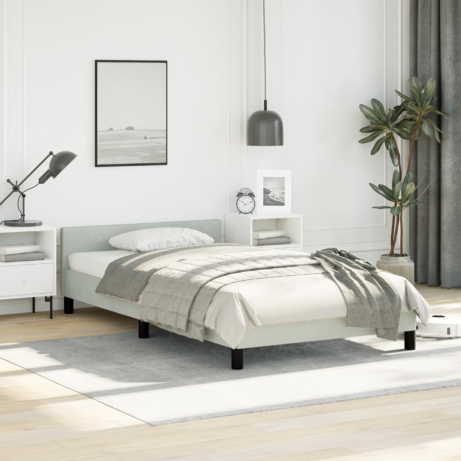 vidaXL Velvet Bed Frame Platform Bed, Scandinavian Style/Slats Support/No Box Spring Needed/Without Mattress/Easy Assembly, Light Grey Twin Bed