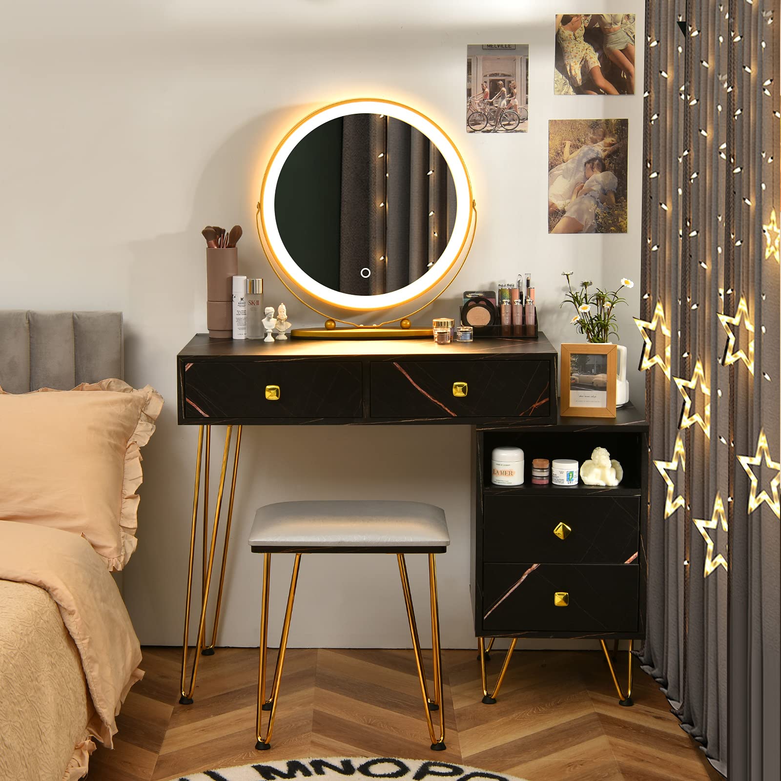 Charmaid Vanity Desk With Reversible Side Cabinet, Makeup Vanity Table With Lighted Mirror, 3 Color Lights, 4 Drawers, Bedroom Dressing Table With Nightstand And Stool, Marble Black