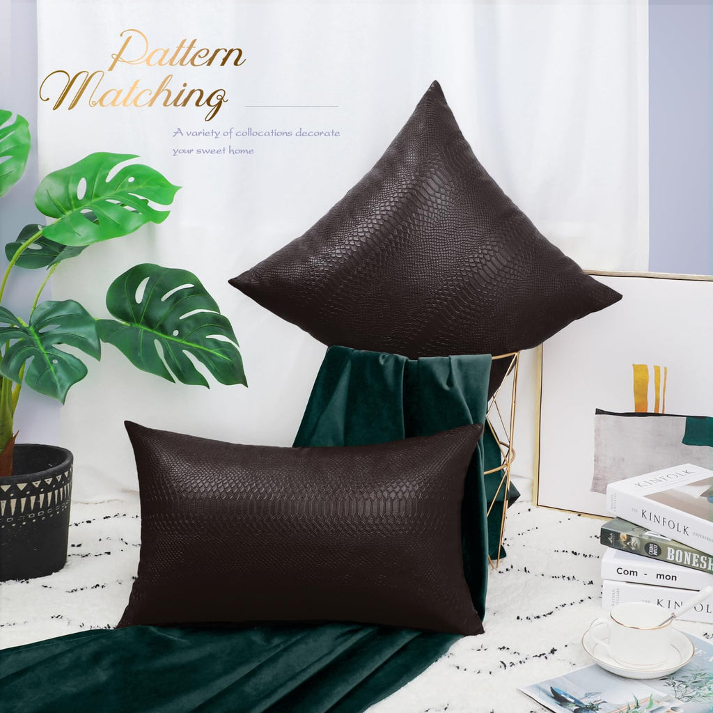 Brawarm Brown Leather Throw Pillows 12 X 20 Inches, Snake Leather Pillow Covers Pack Of 2, Faux Leather Decorative Lumbar Pillow