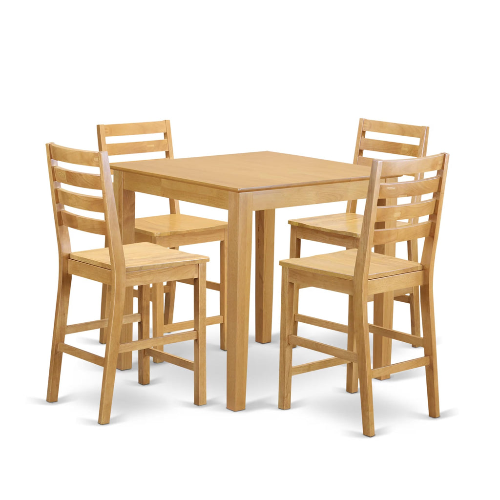 East West Furniture PBCF5-OAK-W 5 Piece Counter Height Pub Set Includes a Square Dining Table and 4 Kitchen Dining Chairs, 36x36 Inch, Oak