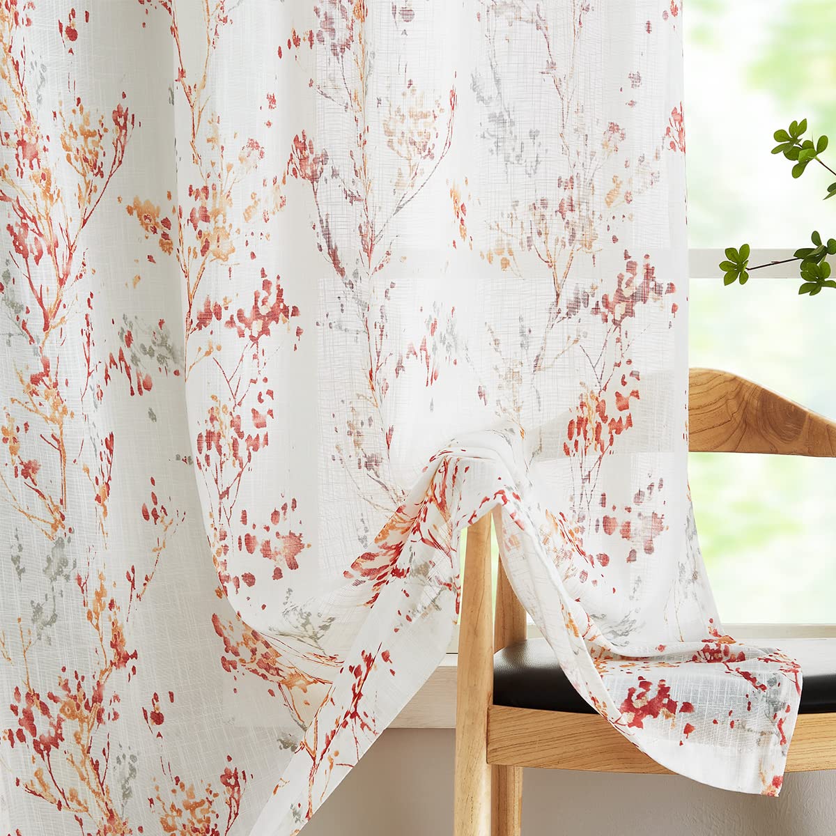 White Semi Sheers Curtains With Red Orange Tree Branch Print Pattern Window Curtains For Living-Room 84' Grommet Top Privacy Cu