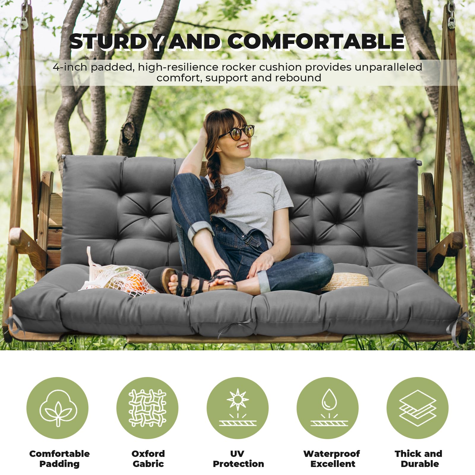 Danghoogy Porch Swing Cushions Waterproof Outdoor Swing Cushion 2-3 Seater Thickened 5 Inches Patio Swing Replacement Cushion Fo