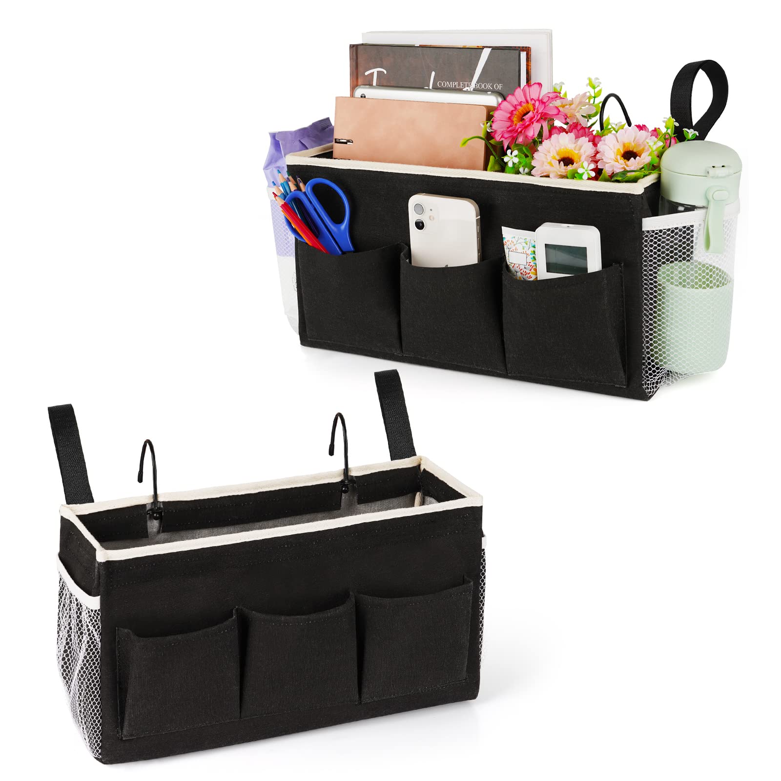 Lilithye Bedside Caddy Bedside Organizer Bedside Storage Caddy with Fixed Straps and Water Bottle Holder for Home College Dorm B