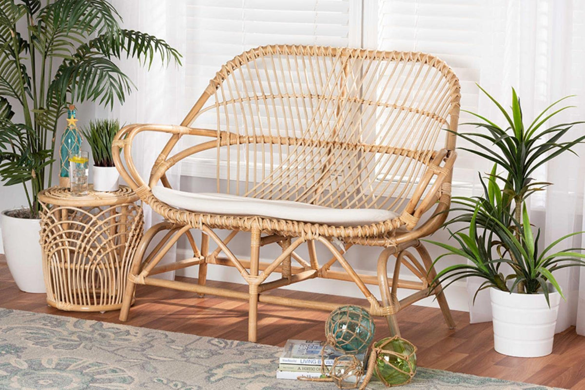 Baxton Studio Jayden Modern Bohemian White Fabric Upholstered and Natural Brown Finished Rattan Loveseat WhiteMaterial