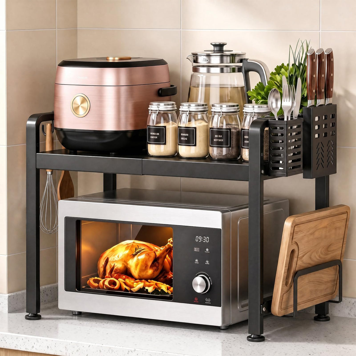 PureBox Microwave Oven Rack, Large Expandable Microwave Stand Countertop Kitchen Utensils Tableware Storage, Carbon Steel Over M