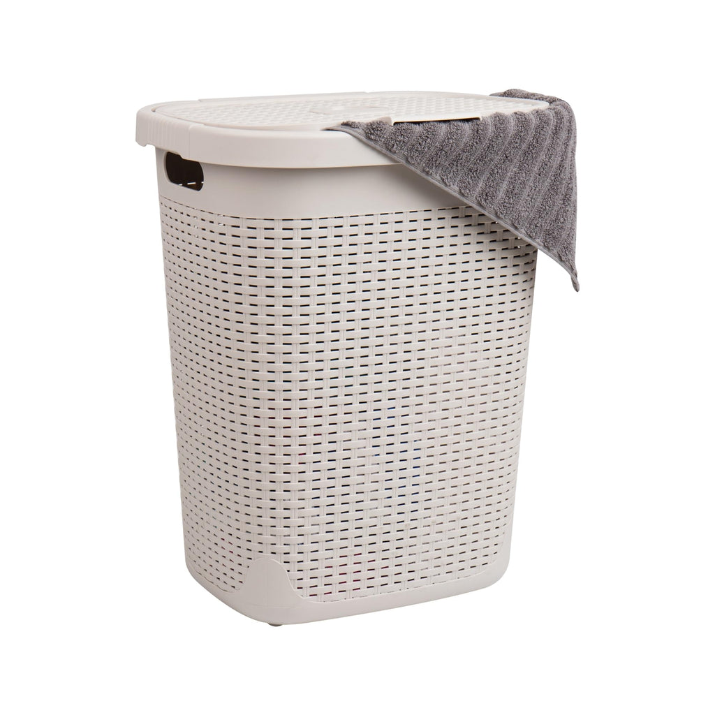 Mind Reader 50L Slim Laundry Hamper, Clothes Basket, Lid, Wicker Design, Plastic, 17.65'L x 13.75'W x 21'H, Ivory