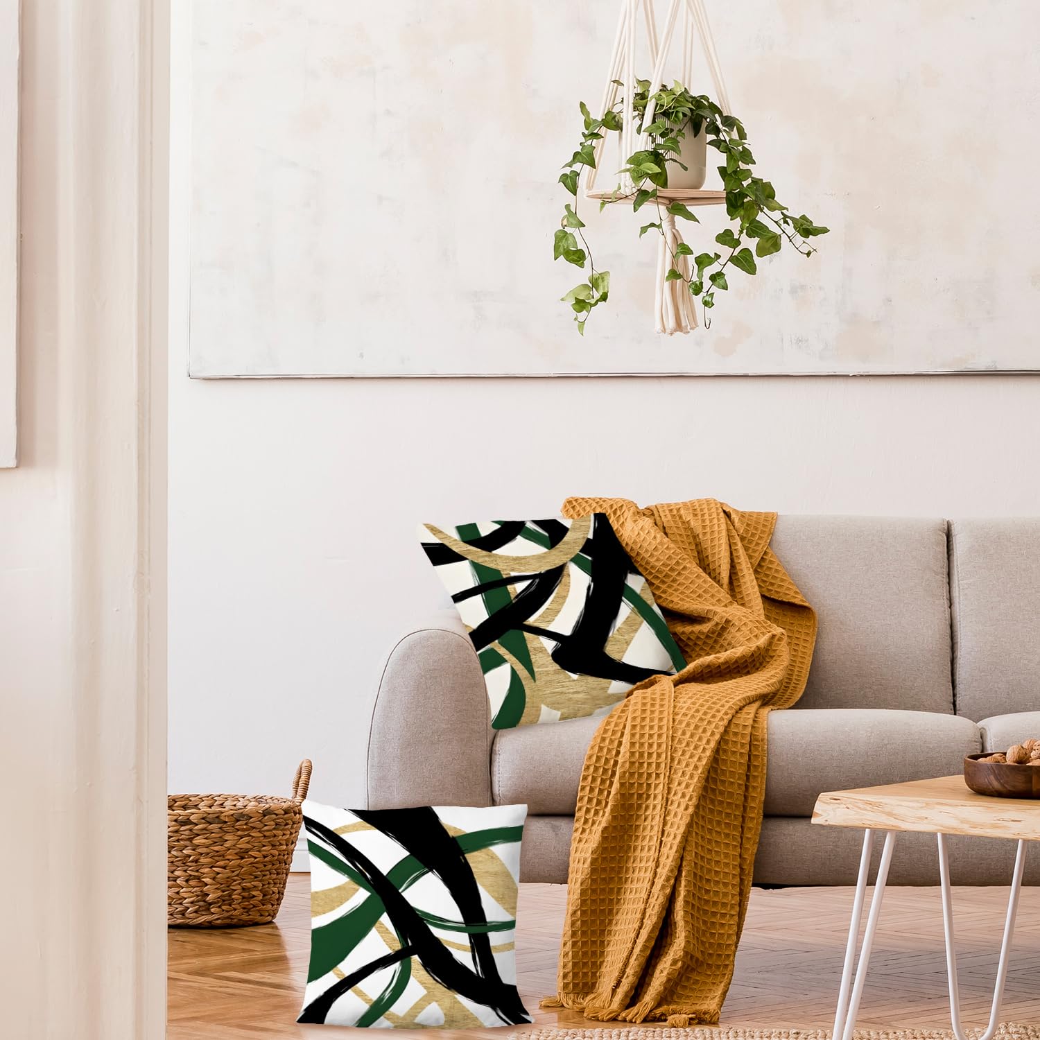Supwhd Black Gold And Green Pillow Covers, Abstract Black And Gold Pillow Covers 24X24 Set Of 2, Modern Boho Decorative Throw Pi