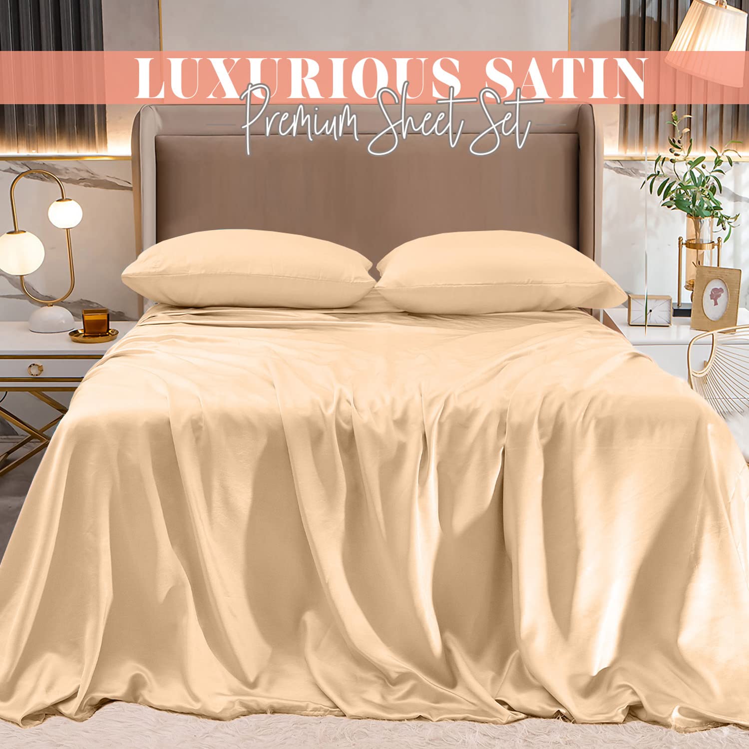 Elegant Comfort Luxurious 4-Piece Silky Satin Sheet Set, Skin And Hair Friendly, Wrinkle, Fade, Stain Resistant With Deep Pockets Fitted Sheet, Cooling Soft Satin Sheet Set, Full, Champaign
