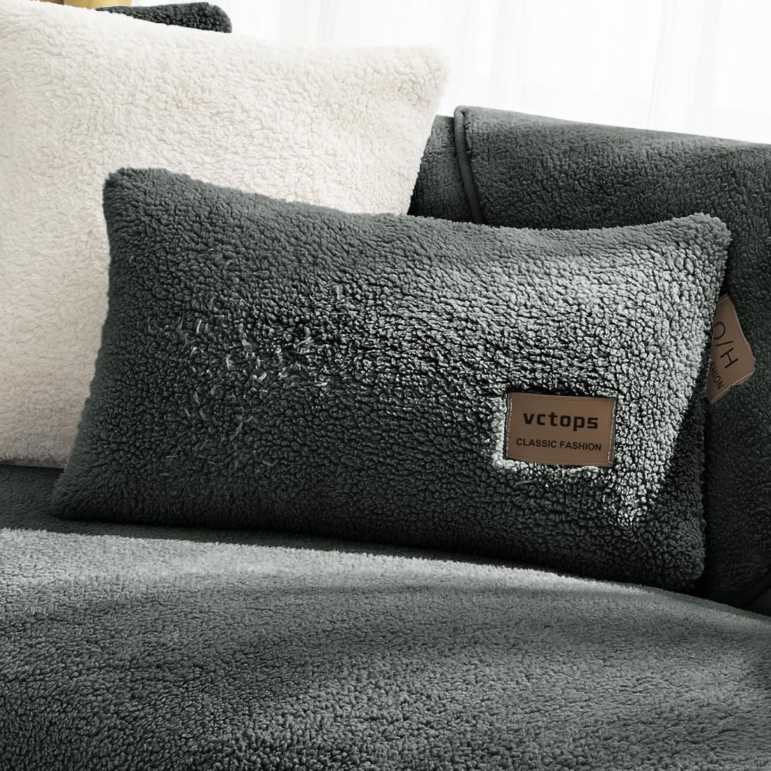 Vctops 2 Pack Double-Sided Sherpa Fleece Throw Pillow Covers For Couch Bed Sofa Soft Warm Plush Cushion Covers Luxury Fuzzy Furr