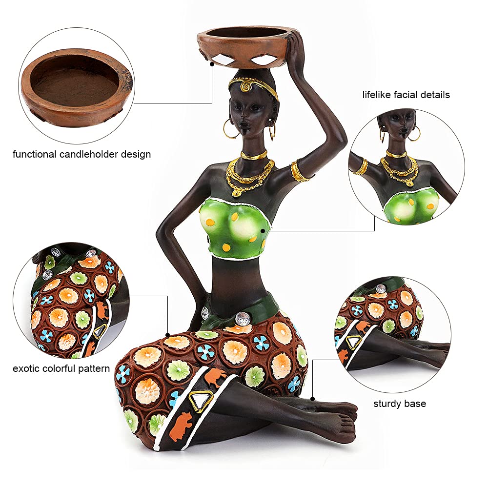 2 Pack African Women Sculpture,8.5In Black Tribal Lady Figure Figurine Candle Holder African American Women Statue Collectible A