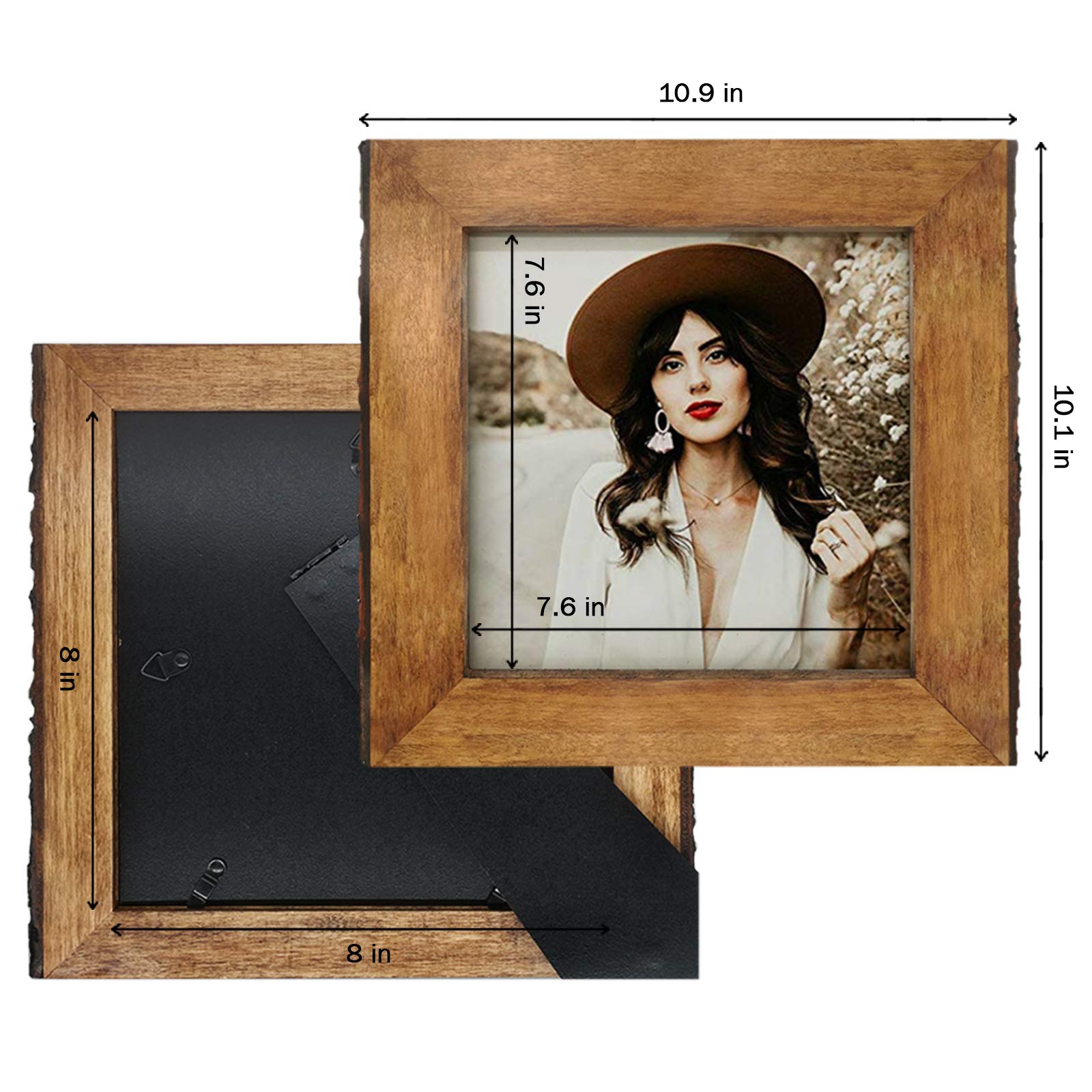 Ikeree 8X8 Picture Frames With Bark Edges, Rustic Wood Photo Frame For Tabletop Or Wall Display, Natural Brown