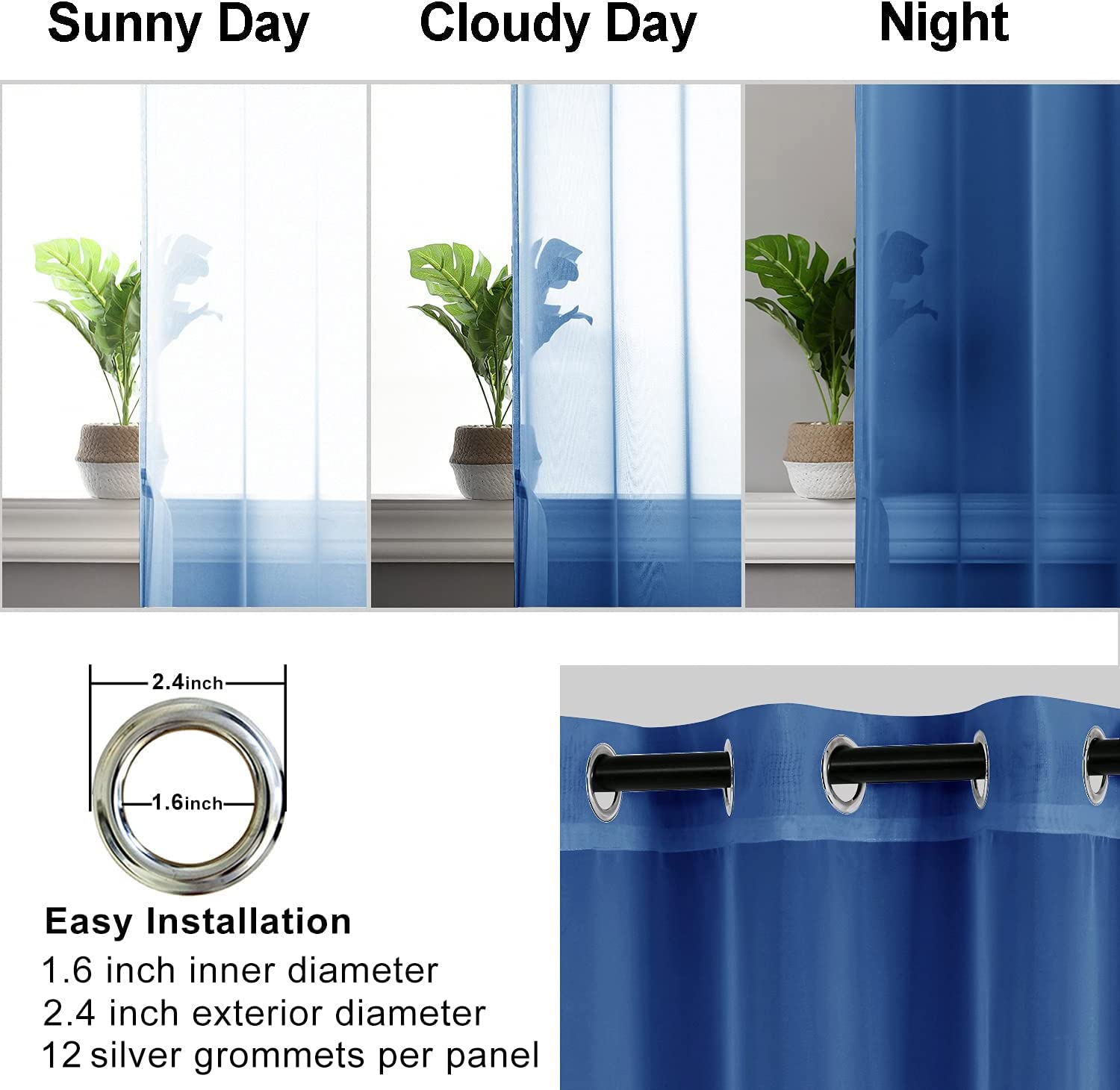 Hiasan Sheer Curtains For Bedroom With Tiebacks, Grommet Light Filtering Extra Wide Voile Texture Window Curtains For Living Room, Kids' Room And Nursery, Navy Blue, W70 X L84, 2 Soft Drape Panels