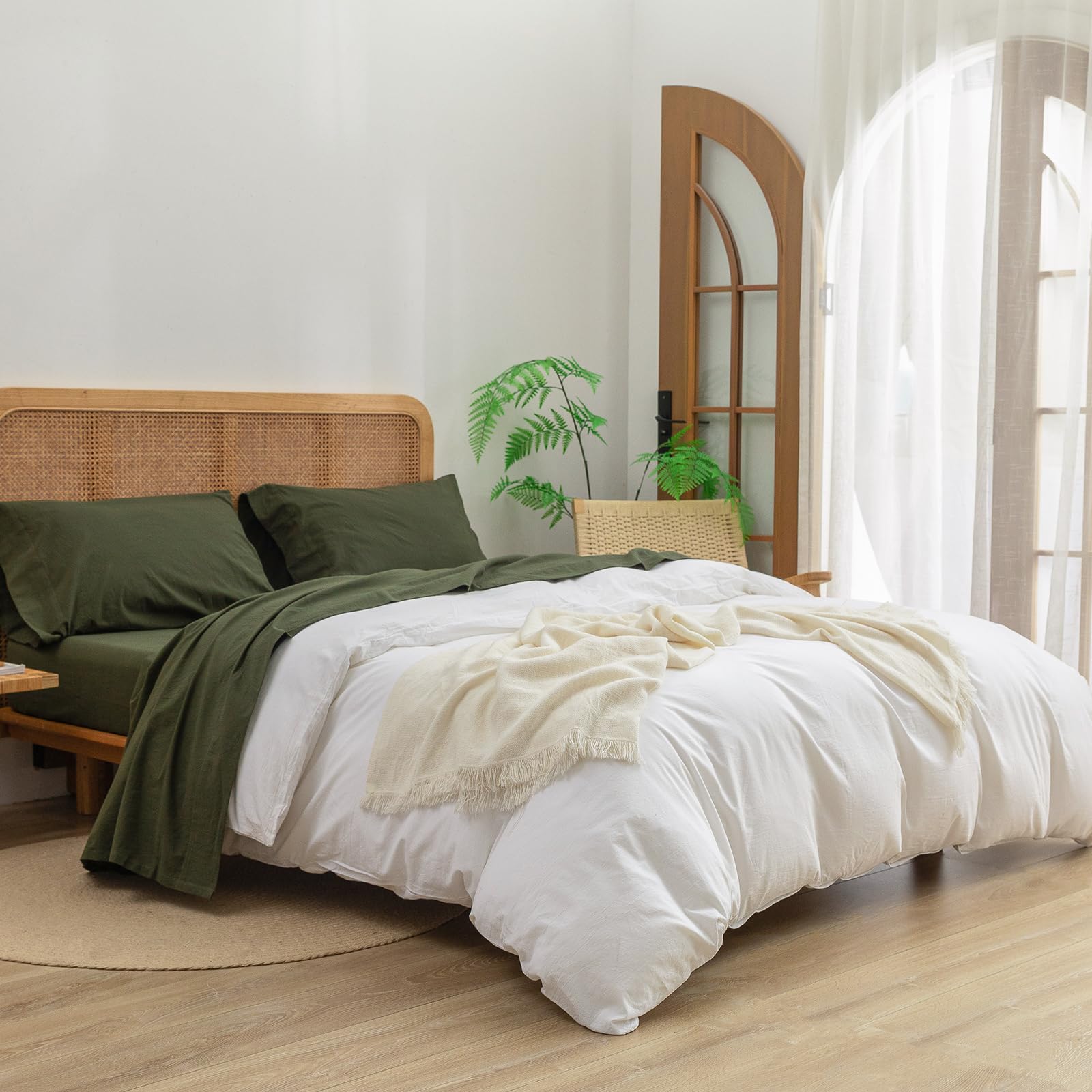 Bestouch Sheet Set 100% Washed Cotton Linen Feel Super Soft Comfortable Chic Lightweight 3 Pcs Home Bedding Set Solid Olive Gree