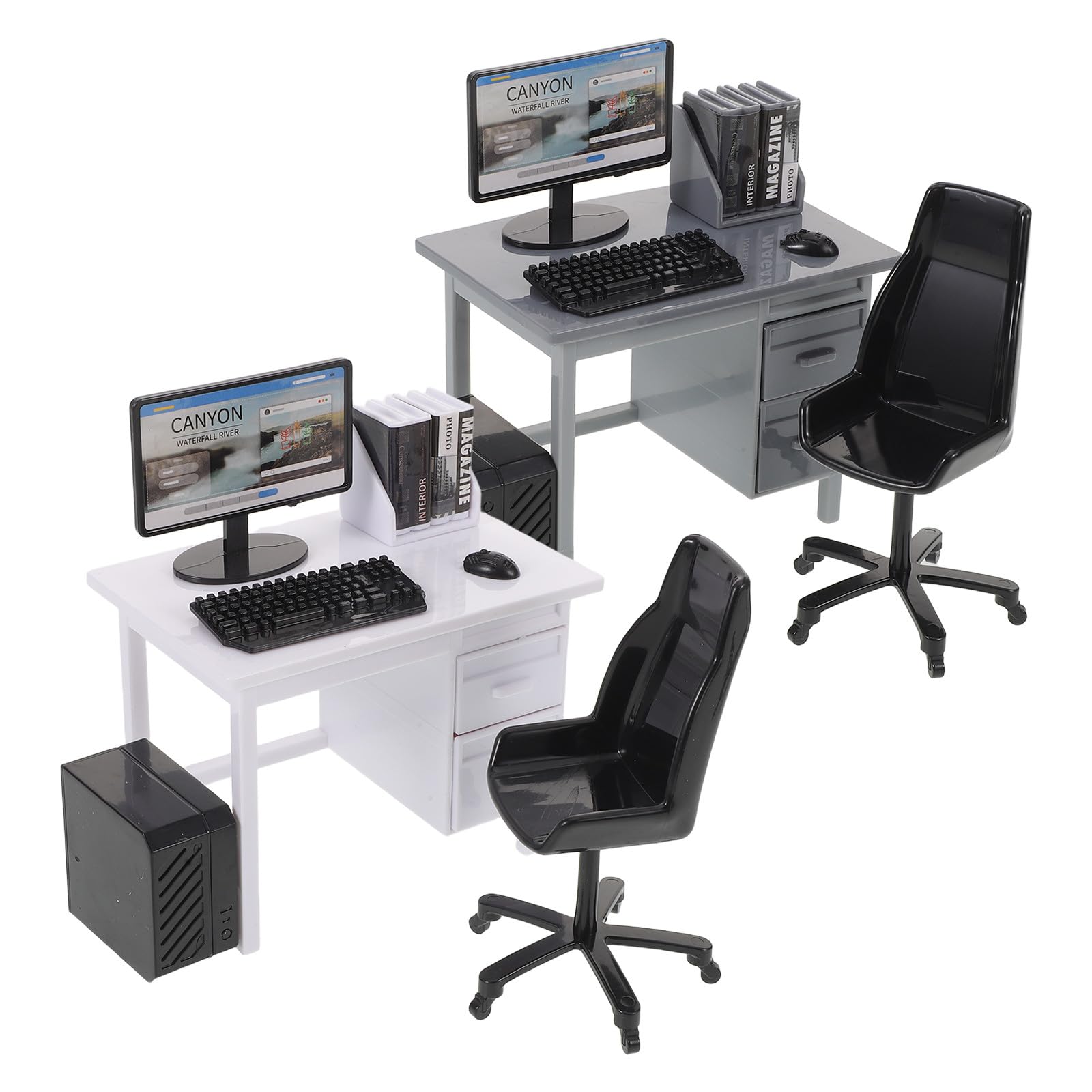 Garneck 2 Sets Miniature Dollhouse Office Desk Set: 1:12 Scale Computer Table Chair Keyboard Mouse Monitor Books CPU Accessories