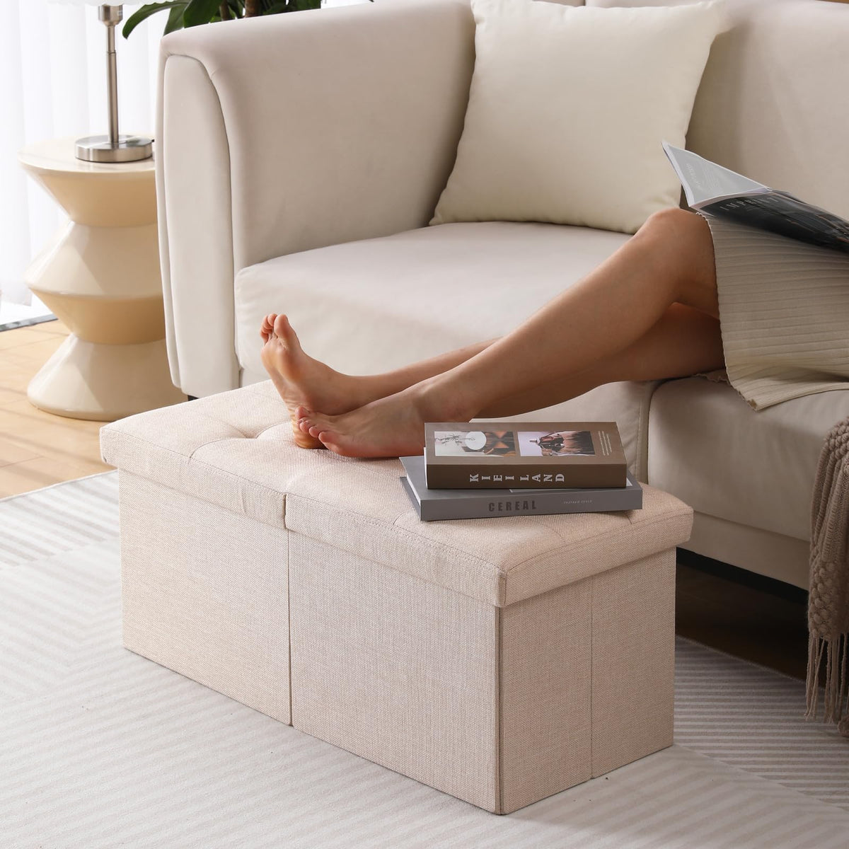Cuyoca Storage Ottoman Bench Foldable Seat Footrest Shoe Bench End Of Bed Storage With Flipping Lid, 75L Storage Space, 30 Inches Linen Fabric Sandy Beige