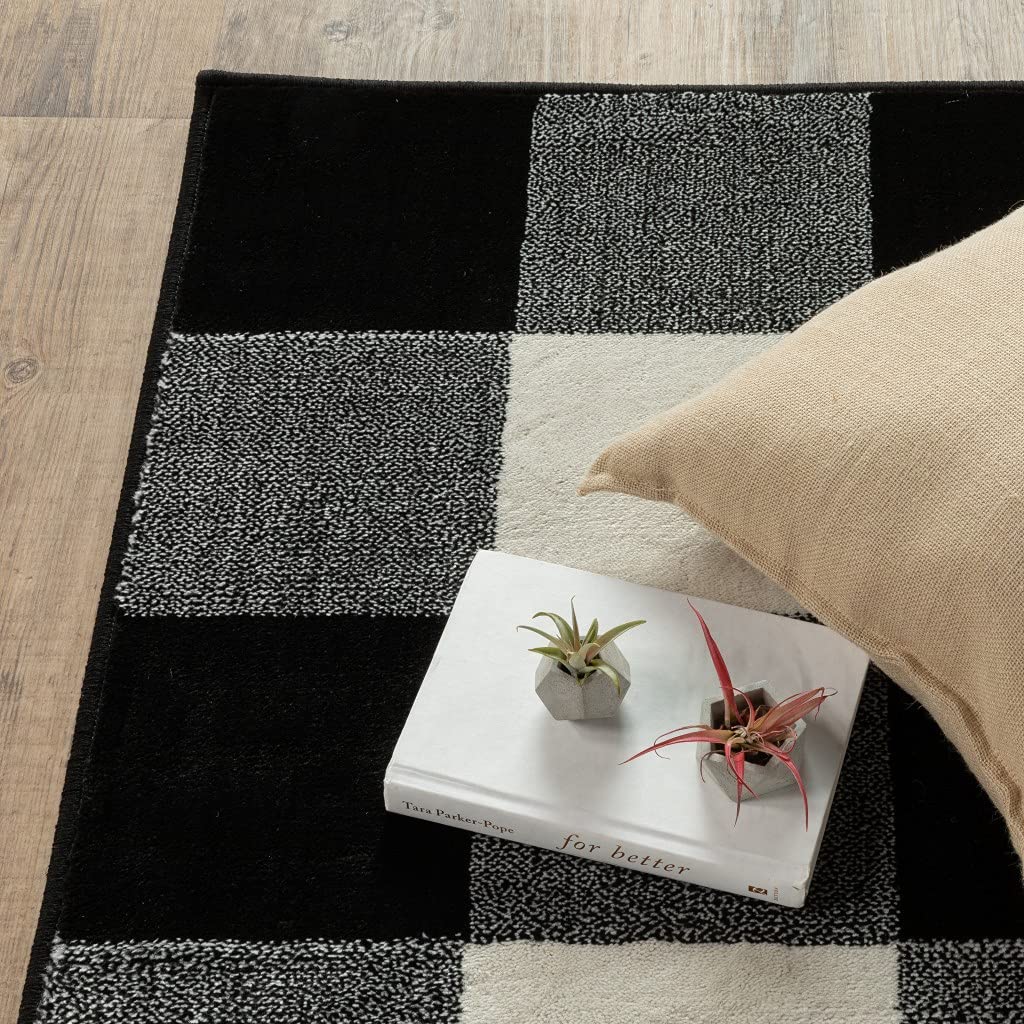 HomeRoots Black Polypropylene 10’ x 13’ Monochromatic Gingham Pattern Indoor Area Rug