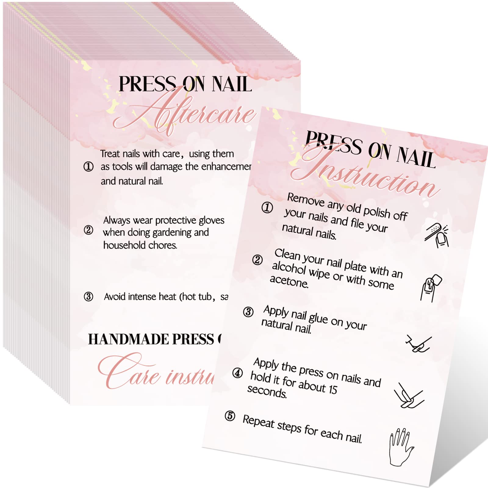 Sureio 200 Pieces Press On Nail Instruction Application Kit Cards 2 X 3.4 Inches Press On Nail Cards Aftercare Instruction Guide