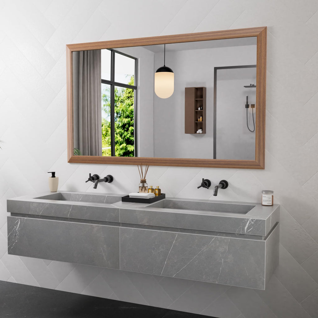 Amorho Bathroom Mirror, 60x36 Inch Wall Mirror, Walnut Wood Grain Metal Framed, Anti-Rust, Hang Horizontally/Vertically, Suitabl