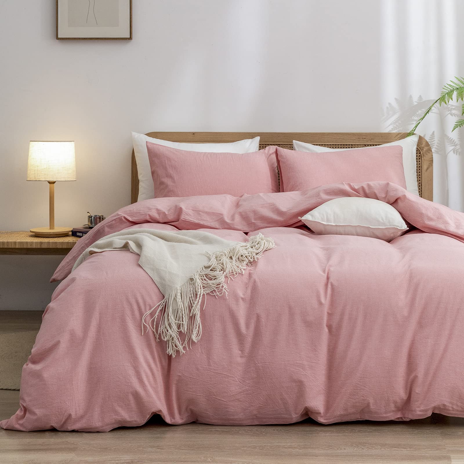 Bestouch Duvet Cover Set 100% Washed Cotton Linen Feel Super Soft Comfortable Chic Lightweight 2 Pcs Home Bedding Set Solid Red