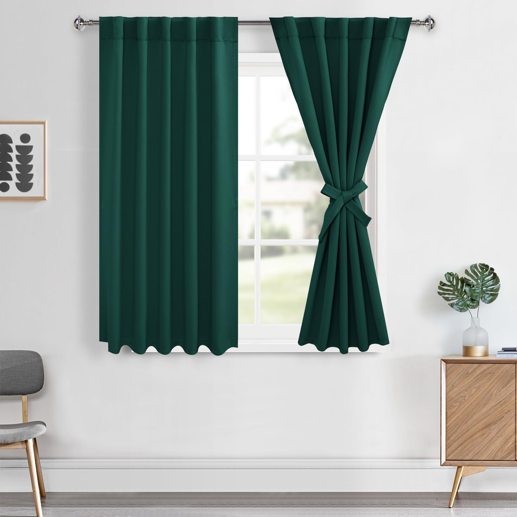 Hiasan Christmas Blackout Curtains 45 inch Long, Light Blocking Thermal Insulated Rod Pocket & Back Tab Emerald Green Drapes Sew